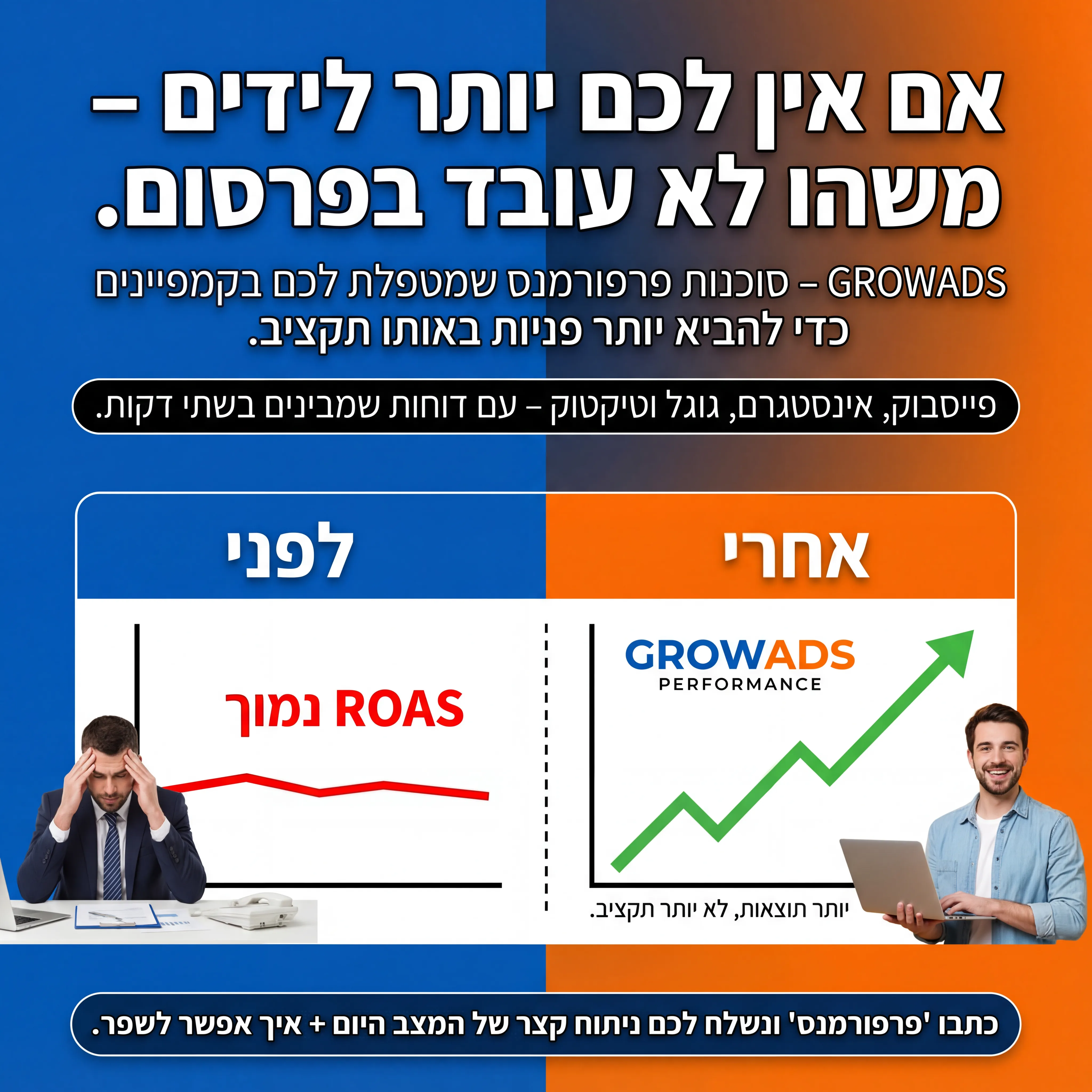 Growdas - נוצר ב-Shotto AI. פרומפט: GROWADS PERFORMANCE 2
כותרת:
אם אין לכם יותר לידים – משהו לא עובד בפרסום.
שורה שנייה:
GROWADS – סוכנות פרפורמנס שמטפלת לכם בקמפיינים כדי להביא יותר פניות באותו תקציב.
שורה שלישית:
פייסבוק, אינסטגרם, גוגל וטיקטוק – עם דוחות שמבינים בשתי דקות.
CTA:
כתבו "פרפורמנס" ונשלח לכם ניתוח קצר של המצב היום + איך אפשר לשפר.
רעיון לתמונה:
לפני/אחרי בגרף: בצד אחד גרף שטוח ו־ROAS נמוך, בצד שני גרף שעולה. לוגו GROWADS PERFORMANCE. טקסט קטן: "יותר תוצאות, לא יותר תקציב."